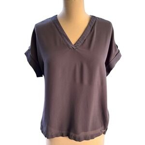 Calvin‎ Klein Steampunk V-Neck Gray Blouse Tab Sleeves Relaxed Fit Casual Top S
